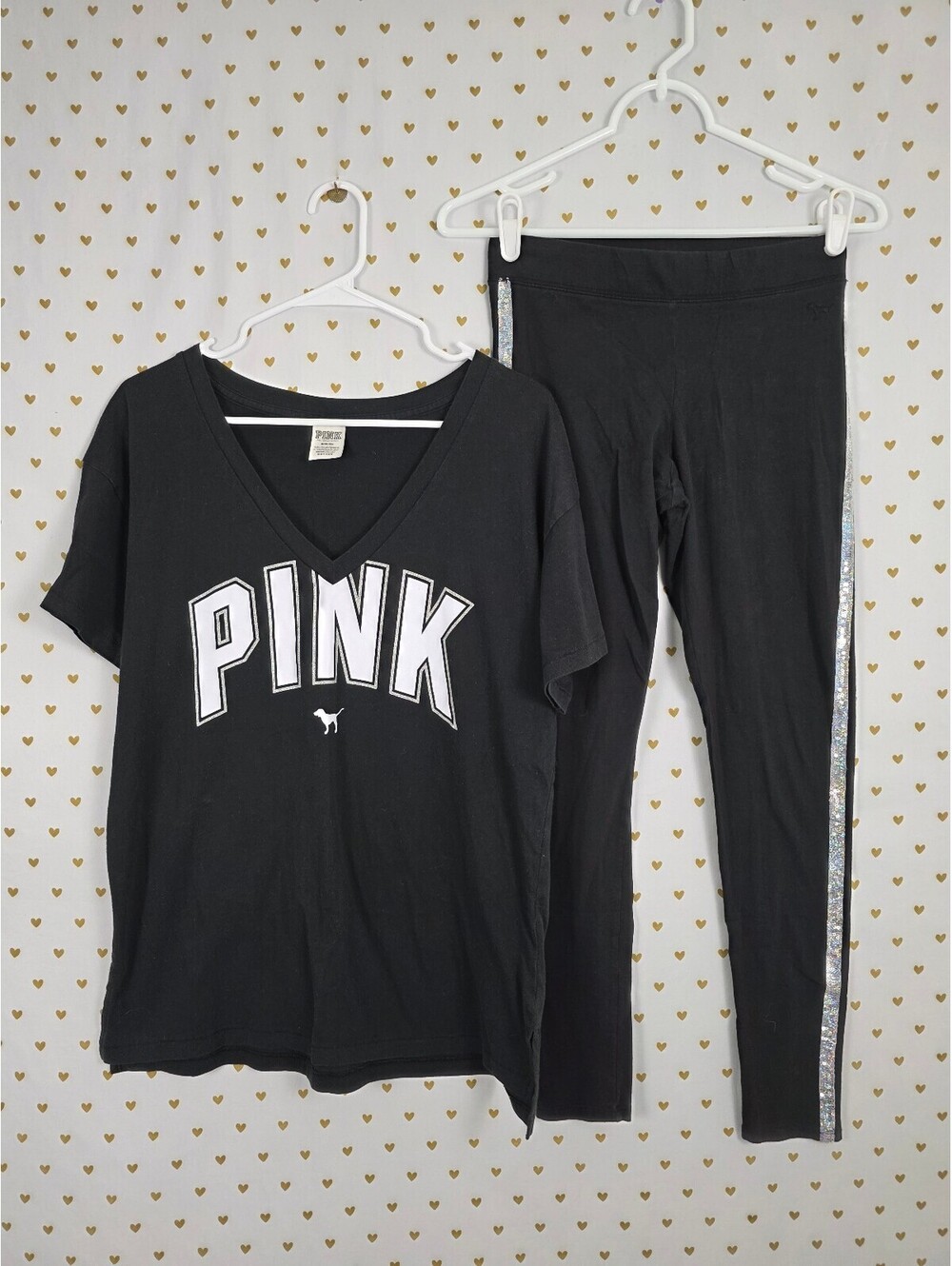 Victorias Secret PINK V neck BLING Sequined Set Tee Shirt Leggings Small Med